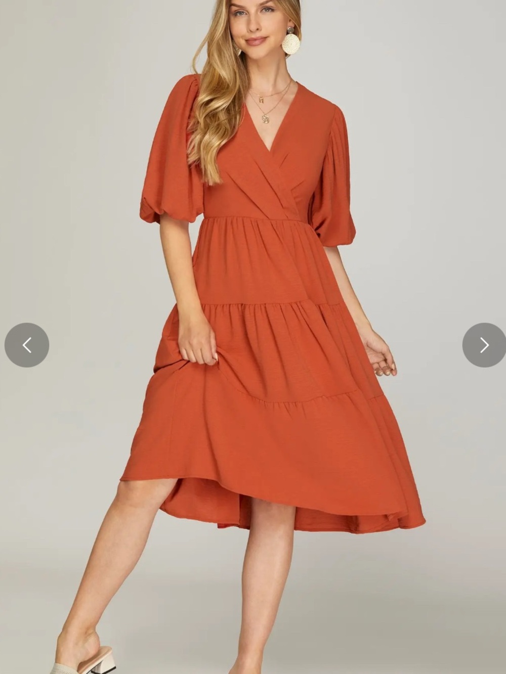 She + Sky Rust Orange High-Low Tiered Midi Dress